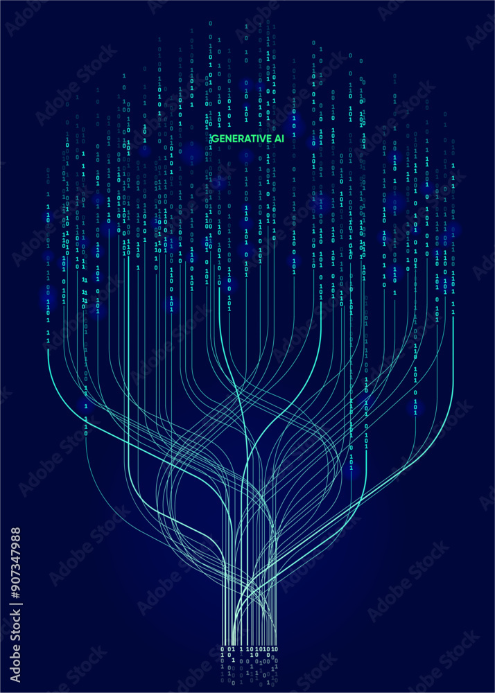 Wall mural binary illustration of abstract stream. artificial intelligence. big data, technology, ai, data tran