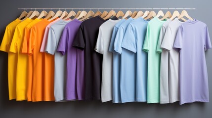 Obraz premium differently colored t-shirts suspended against a gray backdrop, 