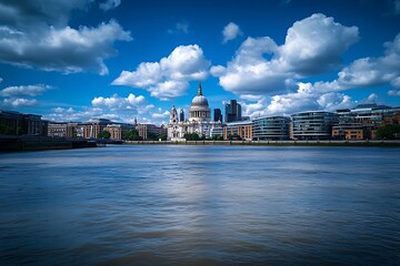 Fototapeta premium St Pauls Cathedral and the Millennium Bridge at sunset landscape in London, United Kingdom.