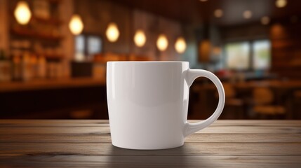 Obraz premium A white ceramic coffee mug sits on a wooden table 