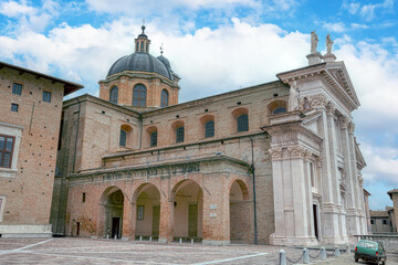 The Cathedral of Urbino was first built in 1021. Cattedrale Metropolitana di Santa Maria Assunta. Marche, Italy.