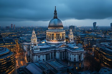 Aerial night view of St Paul's Cathedral, an Anglican cathedral on Ludgate Hill in London, UK