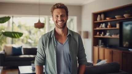 Fototapeta premium Cheerful Caucasian man with a beaming smile stands in a stylish living room,
