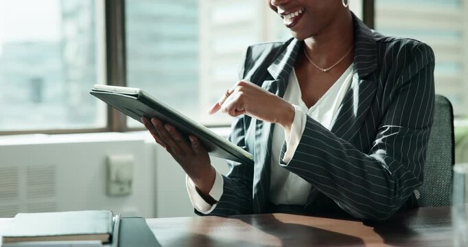 Typing, tablet and employee in office, smile and information for report of finance by forensic accountant. Research, digital and hands of auditor with internet for investigation of company and person