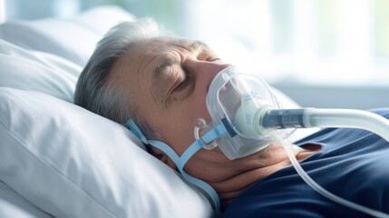  a senior man lying in bed with a medical oxygen mask on his face,