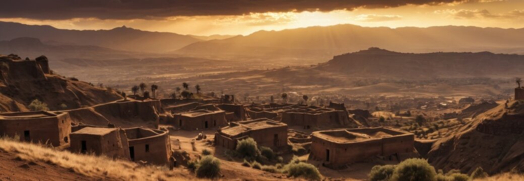 Sunset Over a Village in the Mountains.