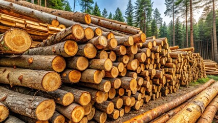 Pile of wooden pine logging trunks, pile, logs, timber, forestry, forest, lumber, industry, stack, harvested, wood