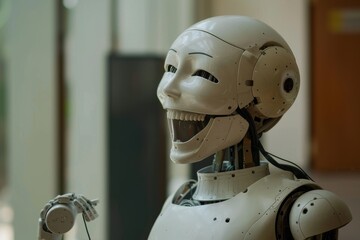 Fototapeta premium Image of a robot baring its teeth with an open mouth, A robot mimicking a human's laughter, AI generated