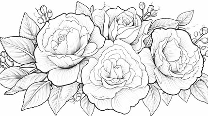 A detailed black and white sketch of three roses with surrounding leaves, ideal for various design uses.