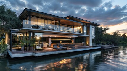 Fototapeta premium A contemporary riverside home with a cantilevered design, large glass walls, and a deck that extends over the water with a built-in seating area.