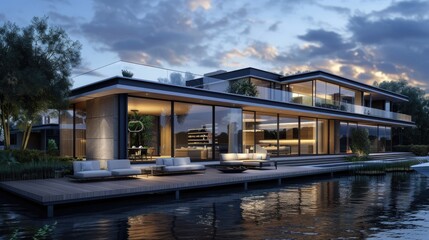A contemporary riverside home with a cantilevered design, large glass walls, and a deck that extends over the water with a built-in seating area.