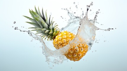 Falling pineapple fruit splashes into clear water 