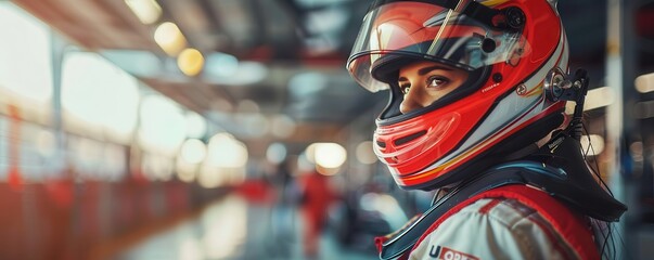 Obraz premium Female racer in a racing helmet and suit. Free copy space for text.