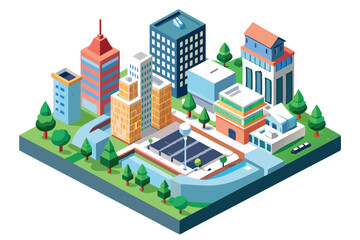 Isometric Illustration of a Cityscape with Buildings and Trees