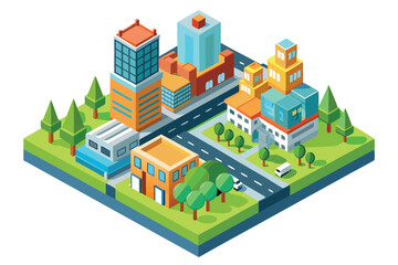 Isometric Illustration of a Cityscape with Buildings, Trees, and a Road