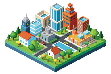 Isometric Cityscape with Buildings, Trees, and a Pool