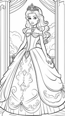 Fototapeta premium An elegant princess in a detailed gown, perfect for coloring books and fairy tale themes.