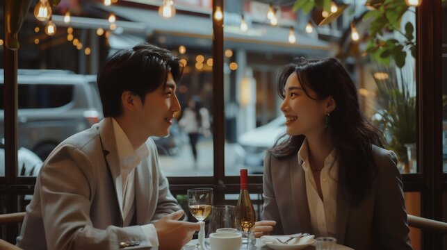 Young loving South Korean couple chatting merrily in a cafe with a glass of wine. Asian guy and girl enjoy spending time together.