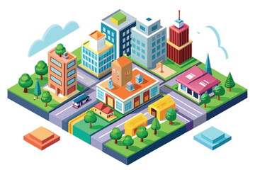 Isometric View of a City Block with Buildings, Roads, and Trees