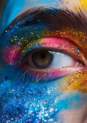 Beauty, cosmetics and makeup. Magic eyes look with bright creative make-up. Macro shot of beautiful woman's face with perfect art make up. Body art. Close up