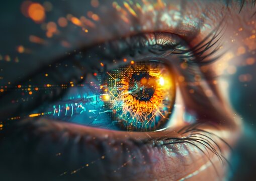 Close up of woman eye in process of scanning. Abstract high tech eye concept