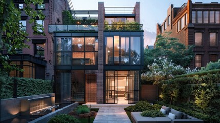 A contemporary urban townhouse with a brick and glass facade, a small front garden with a water feature, and a rooftop terrace.