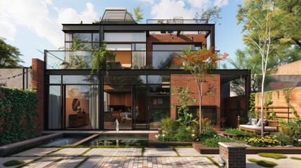 Fototapeta premium A contemporary urban townhouse with a brick and glass facade, a small front garden with a water feature, and a rooftop terrace.