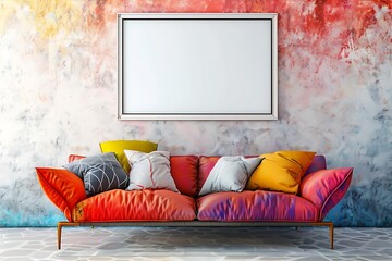 Minimalist living space with a sofa, a white frame on a smooth wall, and vibrant color splashes.