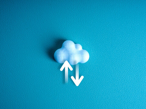 Cloud computing infrastructure technology, data system storage service concept. Upload and download icon, arrows sign on white small cloud with network grid pattern on blue background, minimal style.