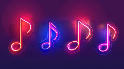 Neon music notes glowing brightly against a dark purple background.