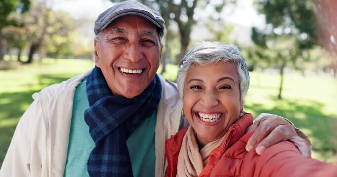 Face, selfie and senior couple in park for bonding, romance or summer love with smile. Funny, laughing or photograph with elderly man and woman in green garden of assisted living home for memories
