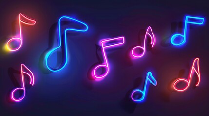 Colorful collection of neon music notes, glowing brightly against a dark background.
