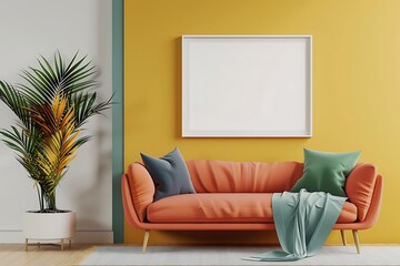 Sleek room with one sofa, white frame on ivory wall, and vivid color highlights