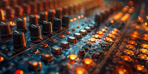 Fototapeta premium Audio Mixing Console in a Recording Studio Setting, the Heart of Sound Engineering and Music Production