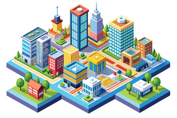 Isometric Illustration of a Vibrant Cityscape with Buildings and Trees
