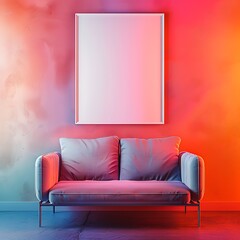 Elegant and simple space with a sofa, an empty frame on a seamless wall, and vibrant pops.
