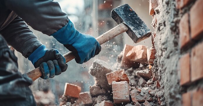 Worker using a sledgehammer to break down a brick wall