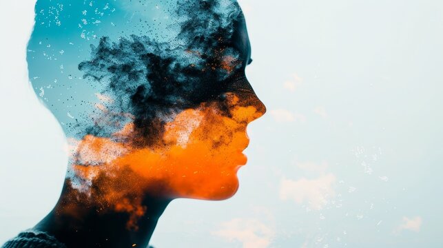 Double exposure of a painter in action, overlaid with vibrant, abstract patterns, merging the artist's brush strokes with imaginative landscapes
