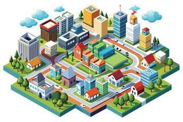Isometric View of a Diverse Cityscape with Buildings, Trees, and Vehicles