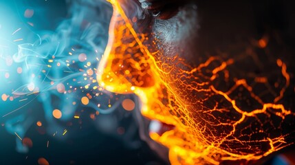 Double exposure of a welder at work, blending their figure with a scenic mountain landscape, sparks and light merging with natural beauty