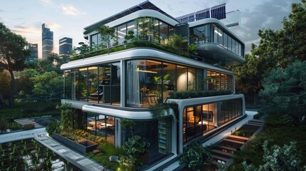 Fototapeta premium A futuristic modular home with a stackable design, large glass panels, and a rooftop garden with solar panels and sustainable features.