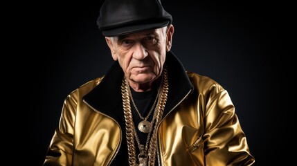 Fototapeta premium Stylish elderly man in a gleaming gold jacket and cap, 
