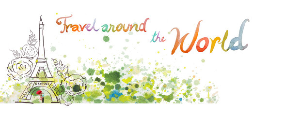 Travel Paris French Eiffel tower couple young man, woman with red umbrella and rose. Watercolor abstract paintings