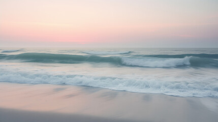 gentle ocean waves in pastel colors, with soft pinks and blues reflecting a serene sunset