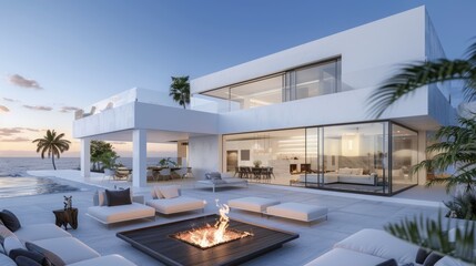Fototapeta premium A luxurious modern beachfront villa with a white exterior, large sliding glass doors, and an outdoor lounge area with a fire pit and ocean view.