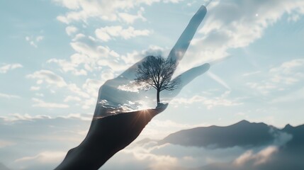 A scenic painter holding a brush, overlaid with double exposure of a serene landscape, blending the artist with the tranquil scenery