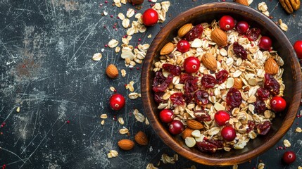 Nut and dried cranberry muesli in wooden bowl on rustic background Healthy breakfast Top view