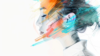 Obraz premium Costume designer sketching, overlaid with intricate drawings and vibrant abstract shapes, creating a dynamic double exposure effect