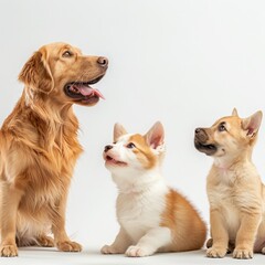 Adorable group of dogs including a golden retriever and two puppies, isolated on white background looking upwards.