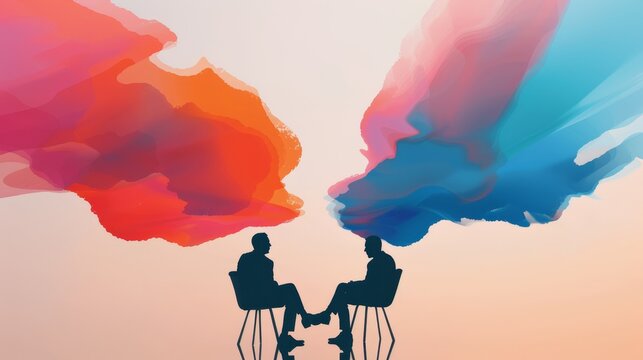 A therapist and client in deep conversation, their silhouettes merged with abstract art and colorful overlays, visualizing the power of therapy